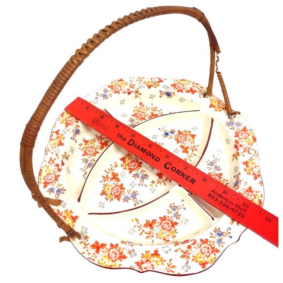 Antique Hand Painted Decorative Divided Plate Rattan Handle Made Japan Floral - Picture 4 of 10